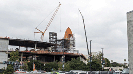 Endeavour's Space Shuttle Stack stands tall at the construction site for the Samuel Oschin Air and Space Center...on May 23, 2024.