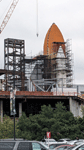 Endeavour's Space Shuttle Stack stands tall at the construction site for the Samuel Oschin Air and Space Center...on May 23, 2024.