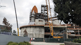 Endeavour's Space Shuttle Stack stands tall at the construction site for the Samuel Oschin Air and Space Center...on May 23, 2024.