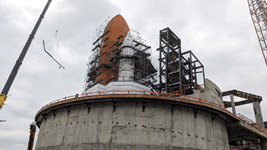 Endeavour's Space Shuttle Stack stands tall at the construction site for the Samuel Oschin Air and Space Center...on May 23, 2024.