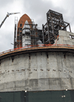 Endeavour's Space Shuttle Stack stands tall at the construction site for the Samuel Oschin Air and Space Center...on May 23, 2024.