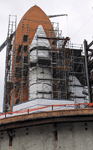 Endeavour's Space Shuttle Stack stands tall at the construction site for the Samuel Oschin Air and Space Center...on May 23, 2024.