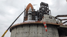 Endeavour's Space Shuttle Stack stands tall at the construction site for the Samuel Oschin Air and Space Center...on May 23, 2024.