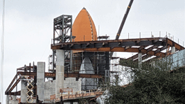 Endeavour's Space Shuttle Stack stands tall at the construction site for the Samuel Oschin Air and Space Center...on May 23, 2024.