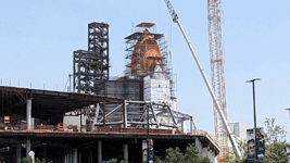 Endeavour's Space Shuttle Stack stands tall at the construction site for the Samuel Oschin Air and Space Center...on June 19, 2024.