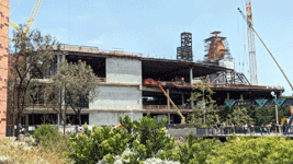 Endeavour's Space Shuttle Stack stands tall at the construction site for the Samuel Oschin Air and Space Center...on June 19, 2024.