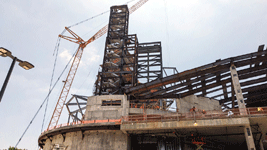 The indoor viewing gantry for Endeavour's Space Shuttle Stack continues to take shape at the Samuel Oschin Air and Space Center...on June 19, 2024.