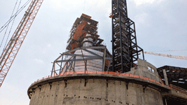 Endeavour's Space Shuttle Stack stands tall at the construction site for the Samuel Oschin Air and Space Center...on June 19, 2024.