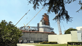 Endeavour's Space Shuttle Stack stands tall at the construction site for the Samuel Oschin Air and Space Center...on June 19, 2024.