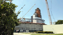 Endeavour's Space Shuttle Stack stands tall at the construction site for the Samuel Oschin Air and Space Center...on June 19, 2024.