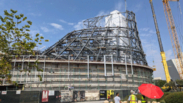 The diagrid structure that's being assembled above the Shuttle Gallery at the Samuel Oschin Air and Space Center...on October 4, 2024.