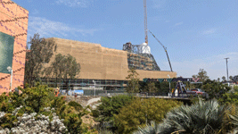 The diagrid structure takes shape above the Shuttle Gallery at the Samuel Oschin Air and Space Center...on October 4, 2024.