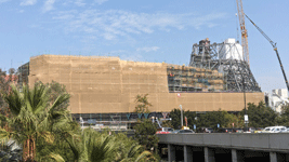 The diagrid structure takes shape above the Shuttle Gallery at the Samuel Oschin Air and Space Center...on October 4, 2024.