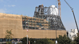 The diagrid structure takes shape above the Shuttle Gallery at the Samuel Oschin Air and Space Center...on October 4, 2024.