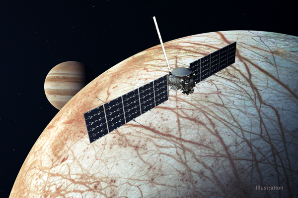 An artist's concept of NASA's Europa Clipper orbiter flying above Jupiter's icy moon Europa